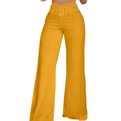 Women Hollow Belt Trousers Fashion Temperament Commuting Flared Trousers Daily Classic Solid Causal High Waist Wide Leg Pants Elite Boutique