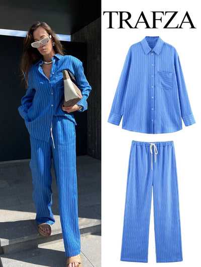 TRAFZA Women Striped Trouser Suit Turn-down Collar Long Sleeve Single-breasted Slim Shirt+High Waist Drawstring Loose Long Pants Elite Boutique