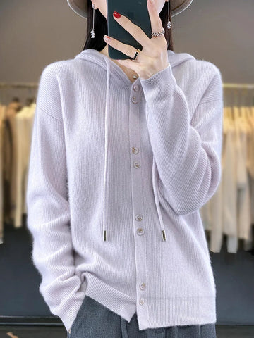 Hoodie Women's Merino Woolen Sweater Fashion Button Casual Loose Hoodie Knitted Sweater Elite Boutique