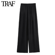 TRAF Pants for Women Fashion Spring Autumn New Solid Color Folded Chic Female Elastic High Waist Wide Leg Trousers Mujer Elite Boutique