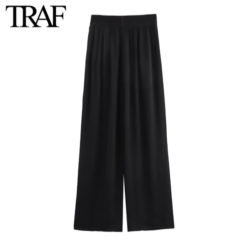 TRAF Pants for Women Fashion Spring Autumn New Solid Color Folded Chic Female Elastic High Waist Wide Leg Trousers Mujer Elite Boutique