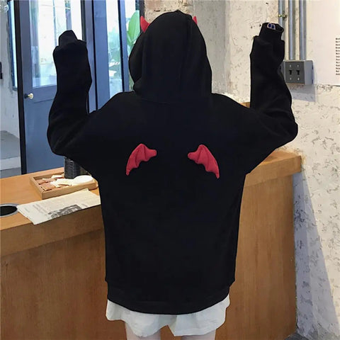 Hoodie Coat Men Warm Coat Women's Gothic Hooded Sweatshirt with Little Devil Horns Demon Fly Wings Loose Fit Pullover for Girls Elite Boutique