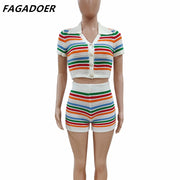 FAGADOER Summer Knitted Two Piece Sets Women Outfits Lapel Collar Buttons Crop Top + Shorts Y2k Sweethot Street Matching Sets Elite Boutique