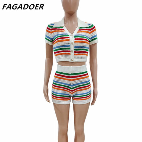 FAGADOER Summer Knitted Two Piece Sets Women Outfits Lapel Collar Buttons Crop Top + Shorts Y2k Sweethot Street Matching Sets Elite Boutique