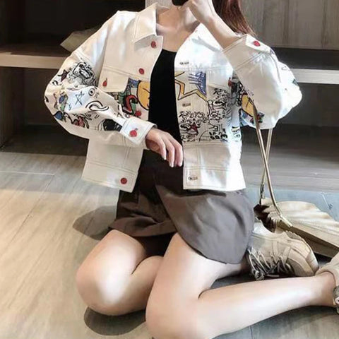 Denim jacket women's autumn and winter new style graffiti work jacket fashion temperament loose Korean college style short coat. Elite Boutique