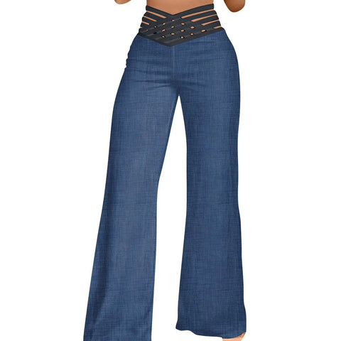 Women Hollow Belt Trousers Fashion Temperament Commuting Flared Trousers Daily Classic Solid Causal High Waist Wide Leg Pants Elite Boutique