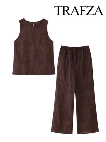 TRAFZA 2025 Women Trouser Suit Casual Embroidered Round Neck Sleeveless Slim Top+Elastic Waist Drawstring Loose Long Pants Elite Boutique