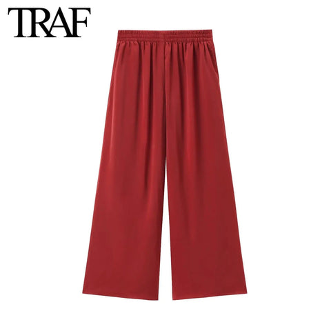 TRAF Pants for Women Fashion Spring Autumn New Solid Color Folded Chic Female Elastic High Waist Wide Leg Trousers Mujer Elite Boutique
