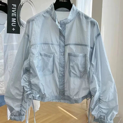 Women's Jacket Top Spring Autumn Thin Sun Protection Loose Baseball Coat Stand Collar Design Trench Coat Top New Windbreaker Elite Boutique