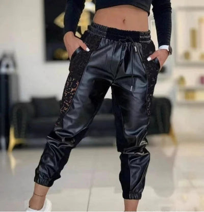 Women's Trousers Casual 2025 Spring Fashion Contrast Pu Lace Insert Drawstring High Waist Patchwork Cuffed Pencil Pants Elite Boutique