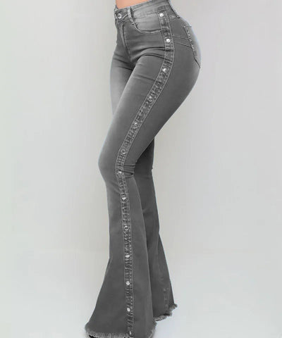 Women’s High Waisted Denim Flare Pants with Stretch. Elite Boutique