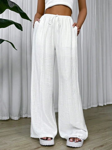 Women's Trousers High Waisted Loose Casual Solid White 25 Spring Summer Drawstring Waist Wide Leg Pants for Resort Vacations Elite Boutique