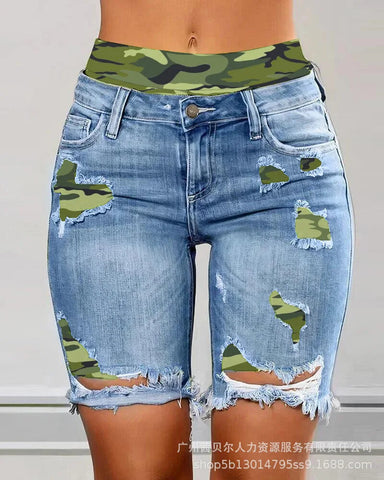 Two-Piece Patchwork Cutout Ripped Denim Shorts Elite Boutique