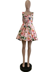 HLJ Fashion Flower Print Long Dress Women Spaghetti Strap Backless Bubble Puff Dresses Female Streetwear Vestidos Summer New Elite Boutique