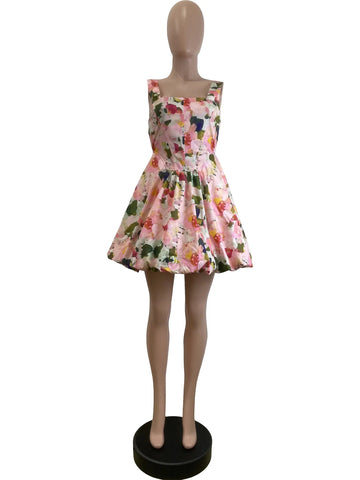 HLJ Fashion Flower Print Long Dress Women Spaghetti Strap Backless Bubble Puff Dresses Female Streetwear Vestidos Summer New Elite Boutique