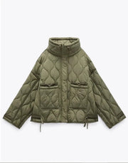 Quilted coat for women ETJ 2024traf QUILTED JACKET WITH TIES new beige drawstring high neck pocket clip cotton jacket for women Elite Boutique