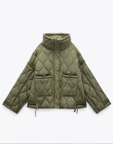 Quilted coat for women ETJ 2024traf QUILTED JACKET WITH TIES new beige drawstring high neck pocket clip cotton jacket for women Elite Boutique