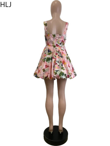 HLJ Fashion Flower Print Long Dress Women Spaghetti Strap Backless Bubble Puff Dresses Female Streetwear Vestidos Summer New Elite Boutique