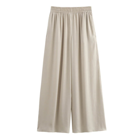 TRAF Pants for Women Fashion Spring Autumn New Solid Color Folded Chic Female Elastic High Waist Wide Leg Trousers Mujer Elite Boutique