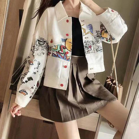 Denim jacket women's autumn and winter new style graffiti work jacket fashion temperament loose Korean college style short coat. Elite Boutique