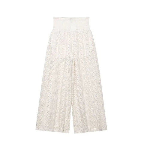 TRAF Women Lace Trousers Embroidery Hollow Out Simple Women's Pants Elastic Waist Loose Pants Female Wide Leg Pants Elite Boutique