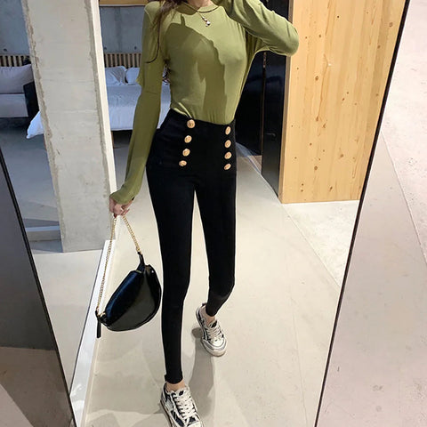 Fashion women's trousers Spring autumn new high-elastic double-breasted tight-fitting high-waisted slimming pants Women's pants Elite Boutique