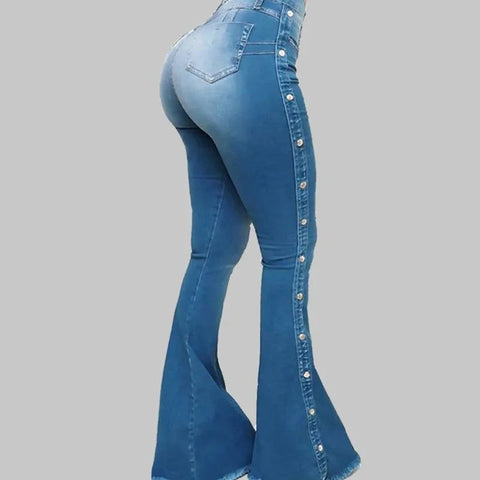 Women’s High Waisted Denim Flare Pants with Stretch. Elite Boutique