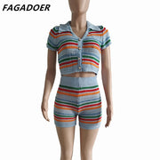 FAGADOER Summer Knitted Two Piece Sets Women Outfits Lapel Collar Buttons Crop Top + Shorts Y2k Sweethot Street Matching Sets Elite Boutique