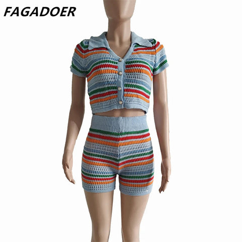 FAGADOER Summer Knitted Two Piece Sets Women Outfits Lapel Collar Buttons Crop Top + Shorts Y2k Sweethot Street Matching Sets Elite Boutique