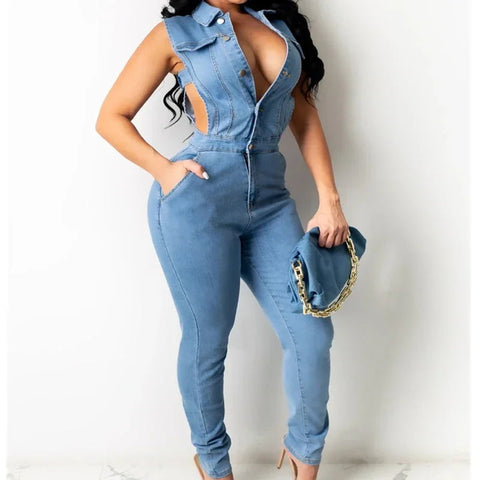 zomight 2023 New  Sexy Slim Sleeveless Light Blue Jeans Jumpsuit Denim Playsuit Women Elegance Woman Ladies Overalls Jump Suits Elite Boutique