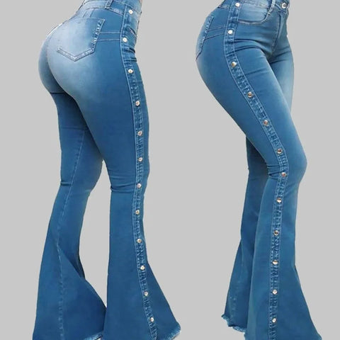 Women’s High Waisted Denim Flare Pants with Stretch. Elite Boutique
