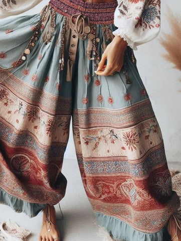 Elegant Women's Trousers Classic Retro Bohemian Patchwork High Waist Wide Leg Trousers Sexy Fashion Layered Ruffled Trousers Elite Boutique