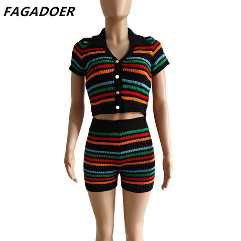 FAGADOER Summer Knitted Two Piece Sets Women Outfits Lapel Collar Buttons Crop Top + Shorts Y2k Sweethot Street Matching Sets Elite Boutique