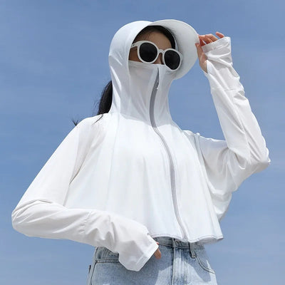 UPF 50+ Women Sunscreen Hoodie Solid Color Thin Ice Silk Summer UV Protection Long-sleeved Jacket Breathable Shirt Clothing Elite Boutique