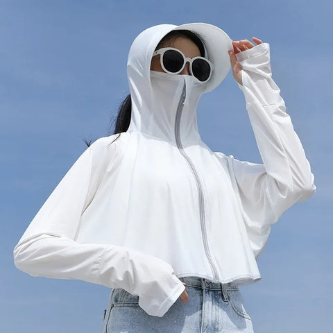 UPF 50+ Women Sunscreen Hoodie Solid Color Thin Ice Silk Summer UV Protection Long-sleeved Jacket Breathable Shirt Clothing Elite Boutique