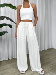 Women's Trousers High Waisted Loose Casual Solid White 25 Spring Summer Drawstring Waist Wide Leg Pants for Resort Vacations Elite Boutique