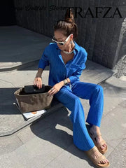 TRAFZA Women Striped Trouser Suit Turn-down Collar Long Sleeve Single-breasted Slim Shirt+High Waist Drawstring Loose Long Pants Elite Boutique