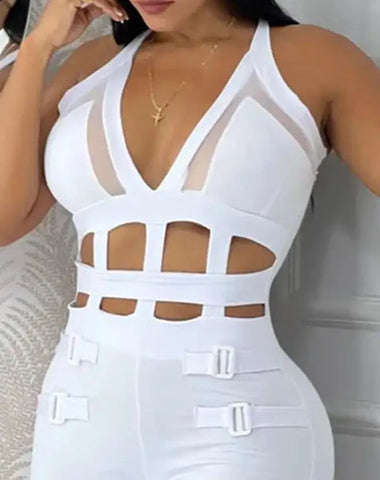 Women's jumpsuit 2025 summer new sleeveless new fashionable hollow camisole buckle comparison mesh tight jumpsuit Elite Boutique