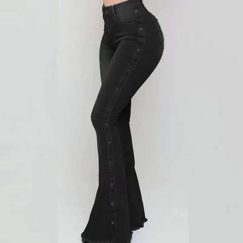 Women’s High Waisted Denim Flare Pants with Stretch. Elite Boutique