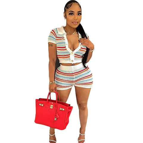 FAGADOER Summer Knitted Two Piece Sets Women Outfits Lapel Collar Buttons Crop Top + Shorts Y2k Sweethot Street Matching Sets Elite Boutique