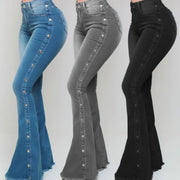 Women’s High Waisted Denim Flare Pants with Stretch. Elite Boutique