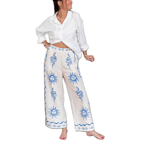 Women's New Fashion Printed Pants Comfortable Loose Trouser Casual Wide Leg Pants Female Elastic Waist Trouser Streetwear Elite Boutique
