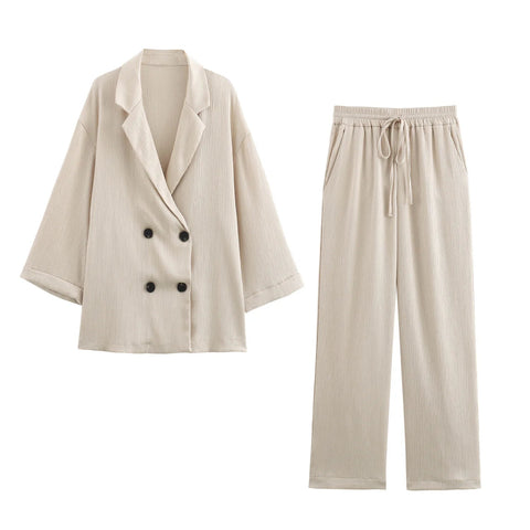 2024 Autumn Women Casual Blazer Coat Pants Set Long Sleeve Double Breasted Blazer + Wide Leg Trousers Lady Office Outfit Elite Boutique