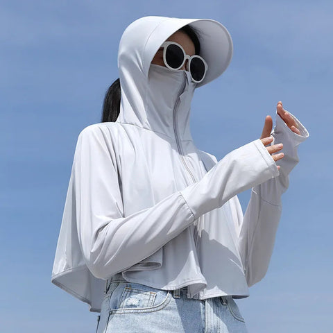 UPF 50+ Women Sunscreen Hoodie Solid Color Thin Ice Silk Summer UV Protection Long-sleeved Jacket Breathable Shirt Clothing Elite Boutique