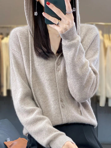 Hoodie Women's Merino Woolen Sweater Fashion Button Casual Loose Hoodie Knitted Sweater Elite Boutique