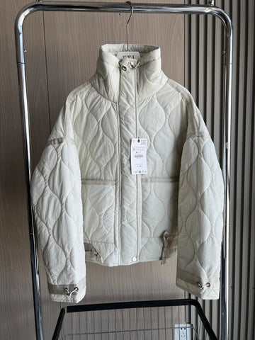 Quilted coat for women ETJ 2024traf QUILTED JACKET WITH TIES new beige drawstring high neck pocket clip cotton jacket for women Elite Boutique