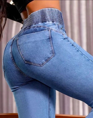 Sexy Elegant New Fashion 2024 Casual Female Trouser Bottom Back Shirred Button Front High Waist Jeans Elite Boutique