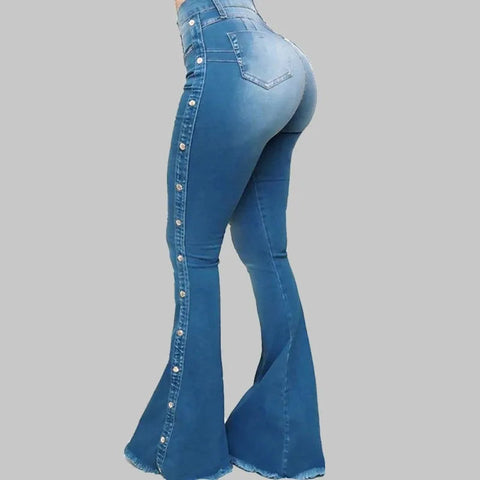Women’s High Waisted Denim Flare Pants with Stretch. Elite Boutique
