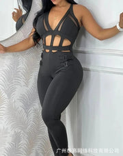 Women's jumpsuit 2025 summer new sleeveless new fashionable hollow camisole buckle comparison mesh tight jumpsuit Elite Boutique