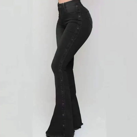 Women’s High Waisted Denim Flare Pants with Stretch. Elite Boutique